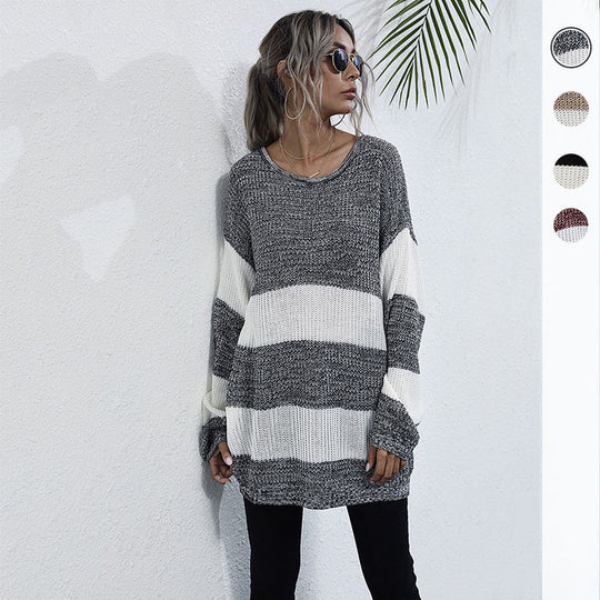 Damen Oversize Longpullover mit Blockstreifen und Rundhalsausschnitt Nord Taschen