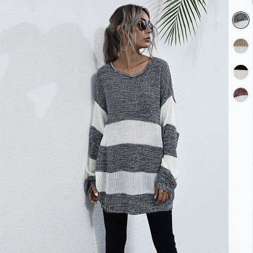Damen Oversize Longpullover mit Blockstreifen und Rundhalsausschnitt Nord Taschen