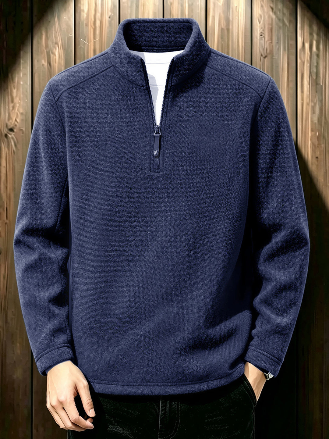 Herren Thermischer Strick-Fleecepullover mit halbem Reißverschluss und Stehkragen Nord Taschen