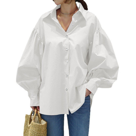 Damen Oversize-Bluse mit Ballonärmeln und Hemdkragen Nord Taschen