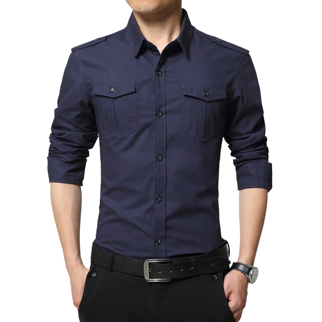 Herren Slim-Fit Baumwoll-Mix Utility-Hemd mit Schulterklappen und Brustpattentaschen Nord Taschen