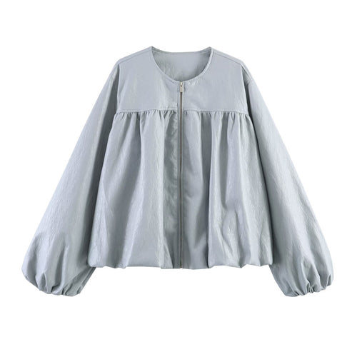 Damen Oversize-Jacke mit Ballonärmeln, Reißverschluss und geraffter Passe Nord Taschen