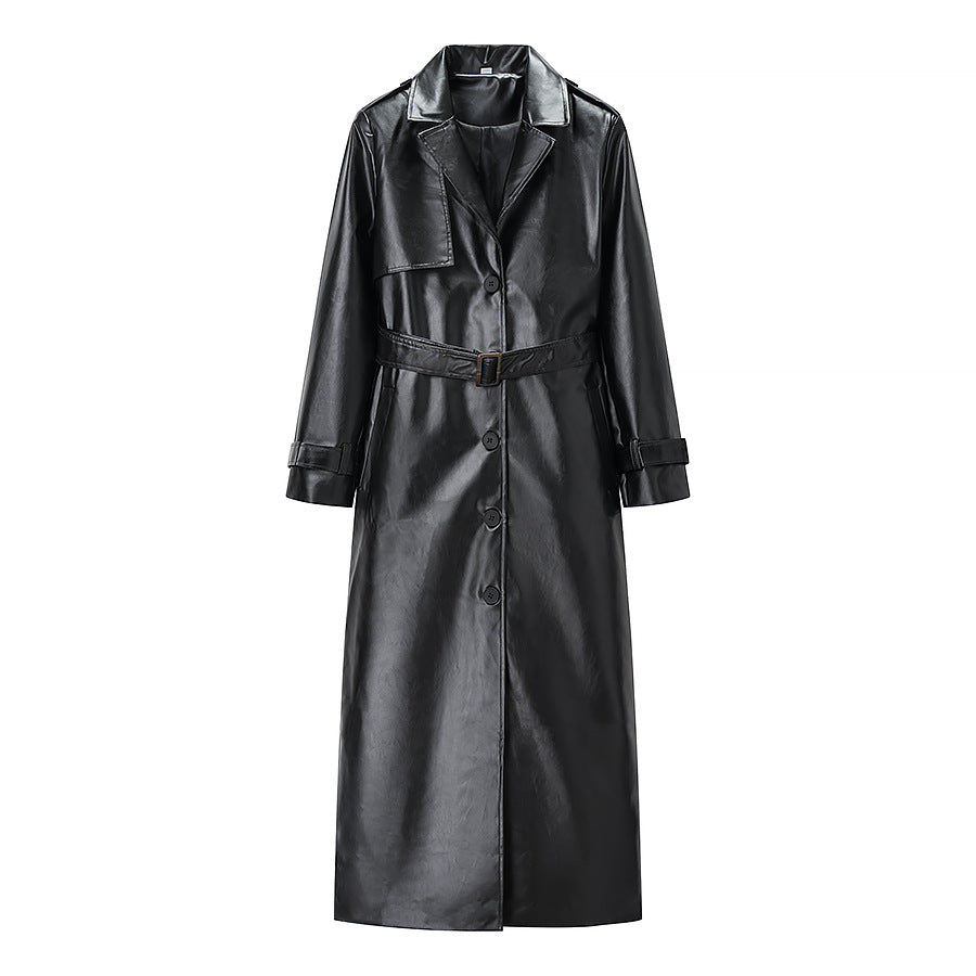Damen Langer Trenchcoat aus Lederoptik mit Bindegürtel und Epauletten Nord Taschen