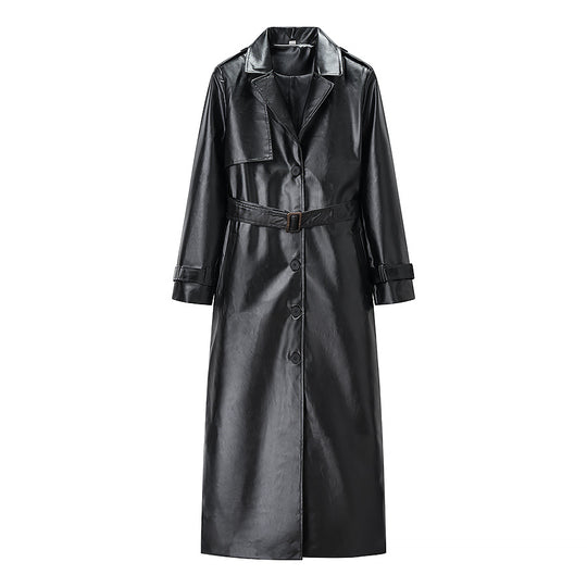 Damen Langer Trenchcoat aus Lederoptik mit Bindegürtel und Epauletten Nord Taschen