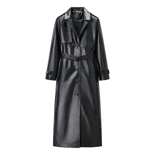 Damen Langer Trenchcoat aus Lederoptik mit Bindegürtel und Epauletten Nord Taschen