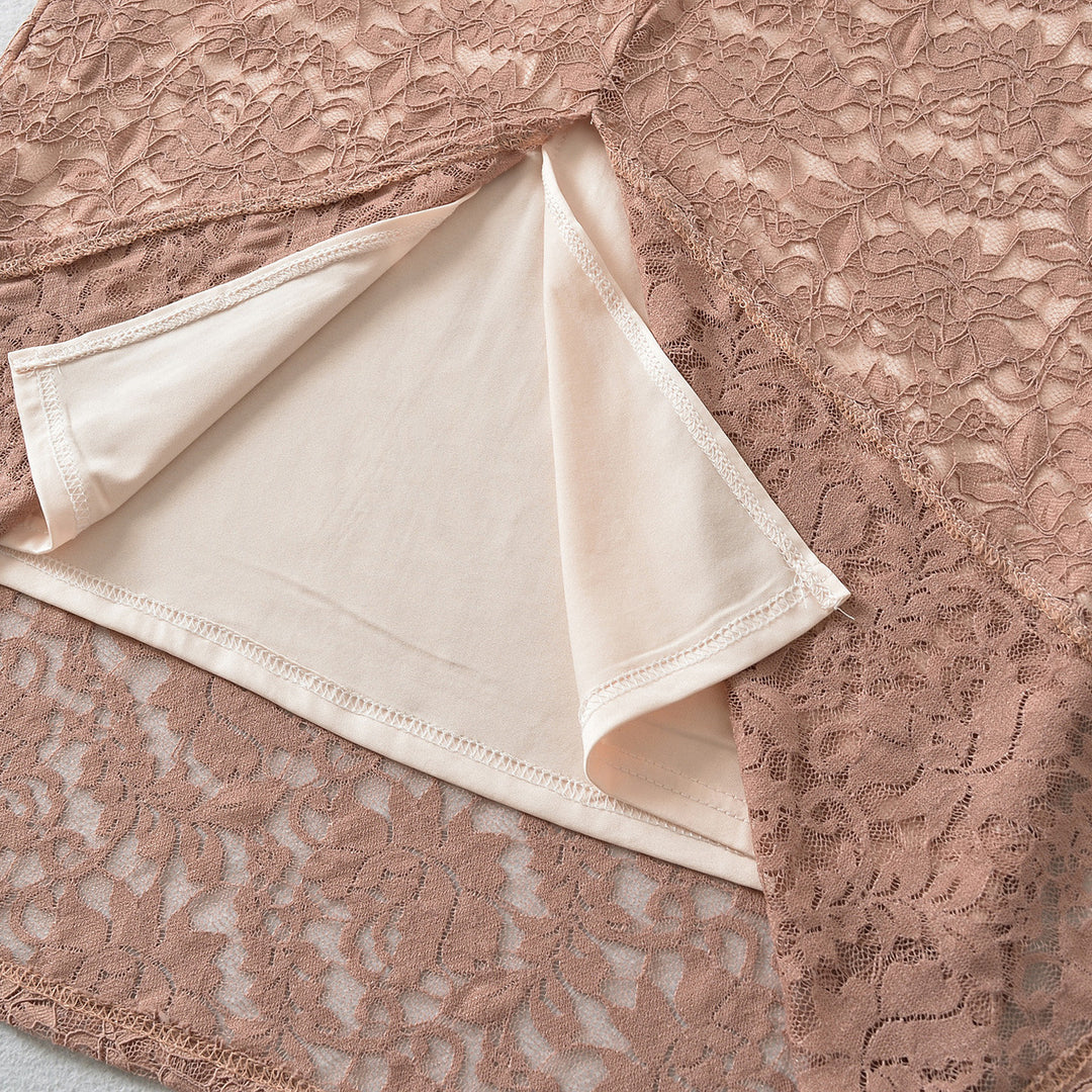 Damen Schulterfreies Spitzenkleid mit Taillenraffung und Langarm Nord Taschen