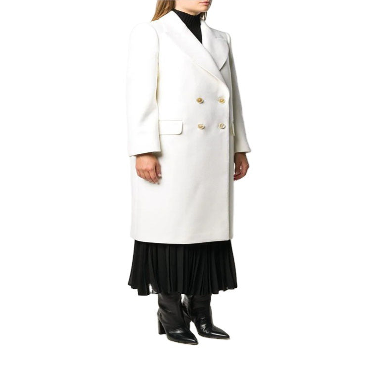 Damen Schlanker Zweireihiger Wollmix‑Longmantel mit Schalkragen, Goldknopf‑Detail und Pattentaschen Nord Taschen