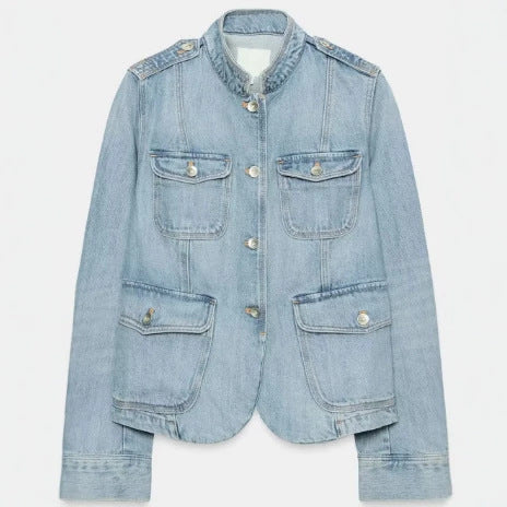 Damen Jeansjacke im Utility-Look mit Stehkragen, Pattentaschen und Schulterpatten Nord Taschen