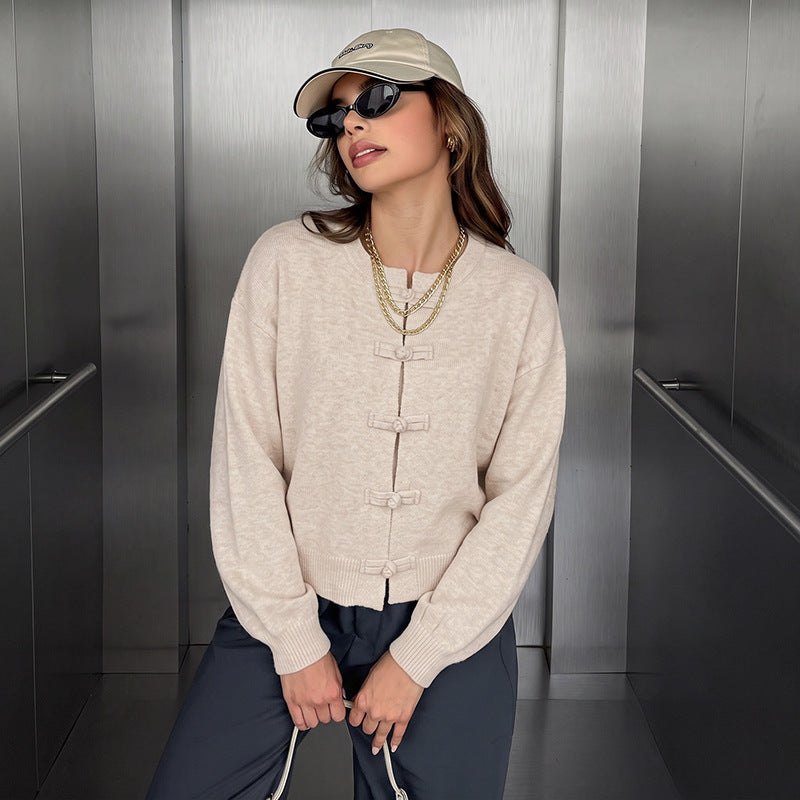 Damen Modischer Strickpullover mit Knöpfen Nord Taschen