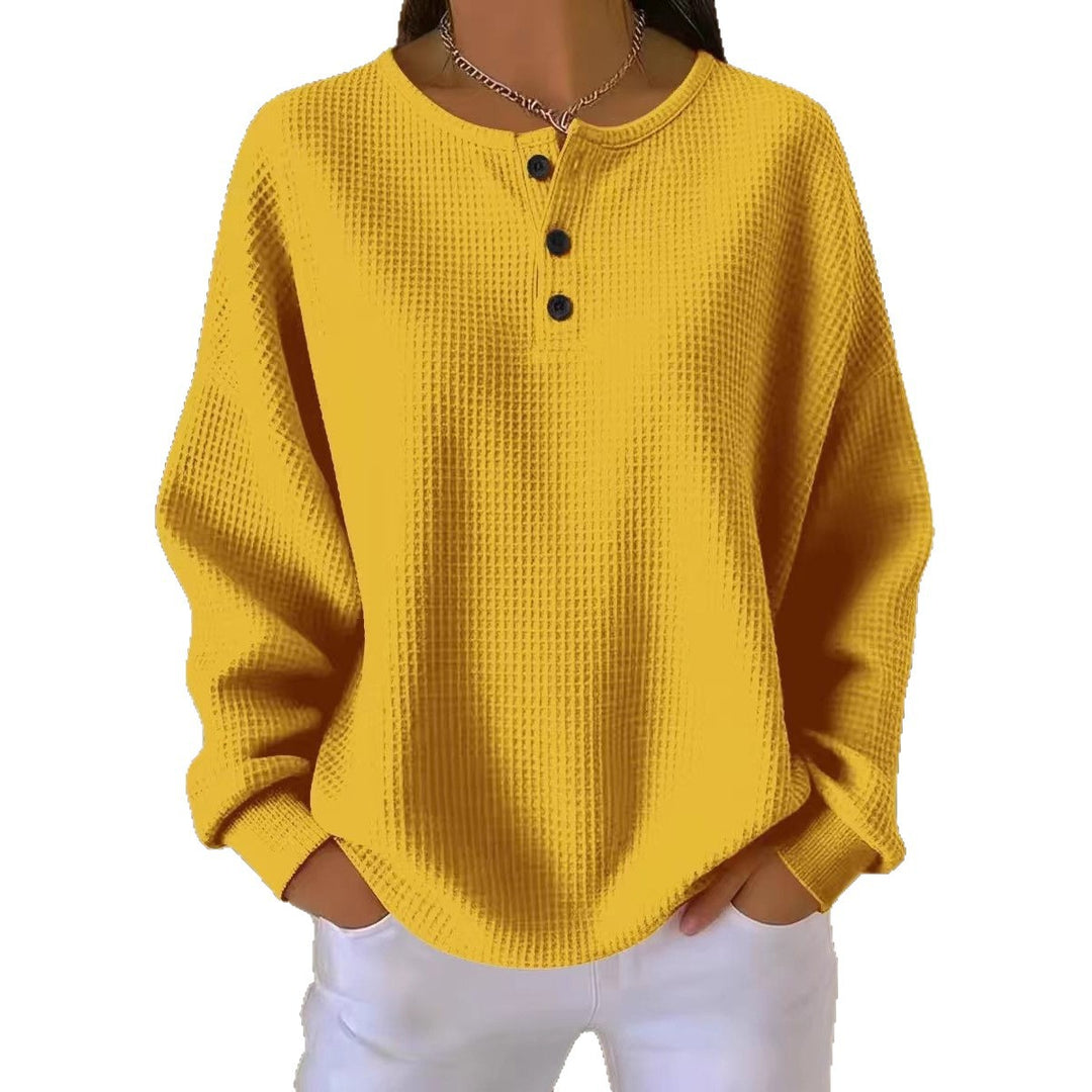 Damen Oversize Waffelstrick-Henleyshirt mit Knopfleiste und Rundhalsausschnitt Nord Taschen