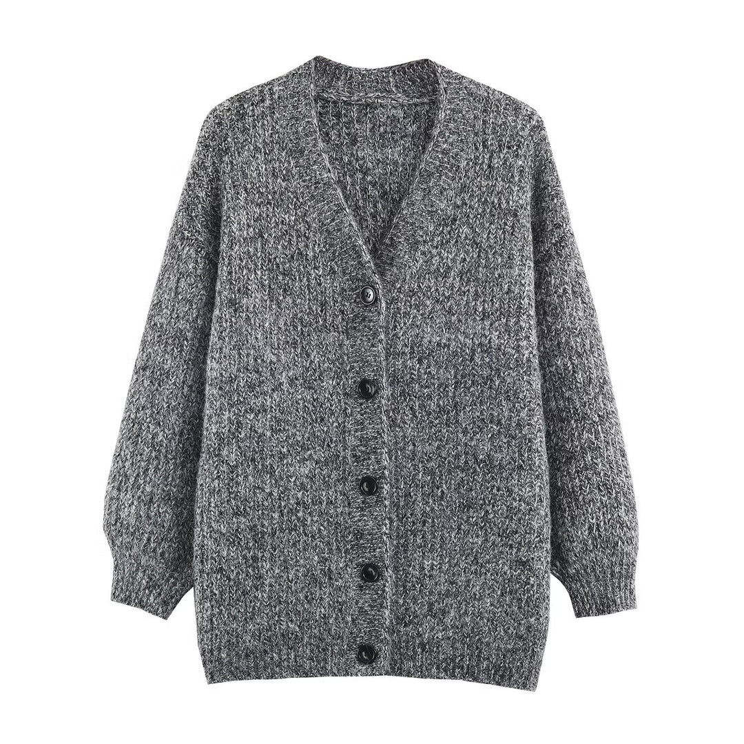 Damen Oversized Grobstrick-Cardigan mit tiefem V-Ausschnitt, Rippenstruktur und Ballonärmeln Nord Taschen
