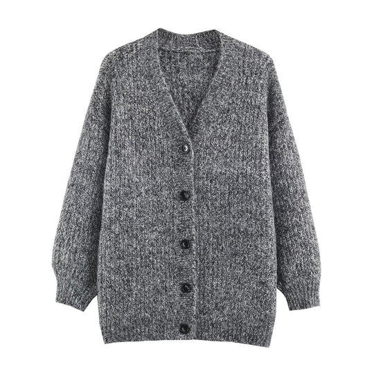 Damen Oversized Grobstrick-Cardigan mit tiefem V-Ausschnitt, Rippenstruktur und Ballonärmeln Nord Taschen