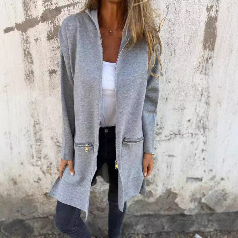 Damen Kapuzen-Longcardigan mit durchgehendem Reißverschluss und Ziertaschen Nord Taschen