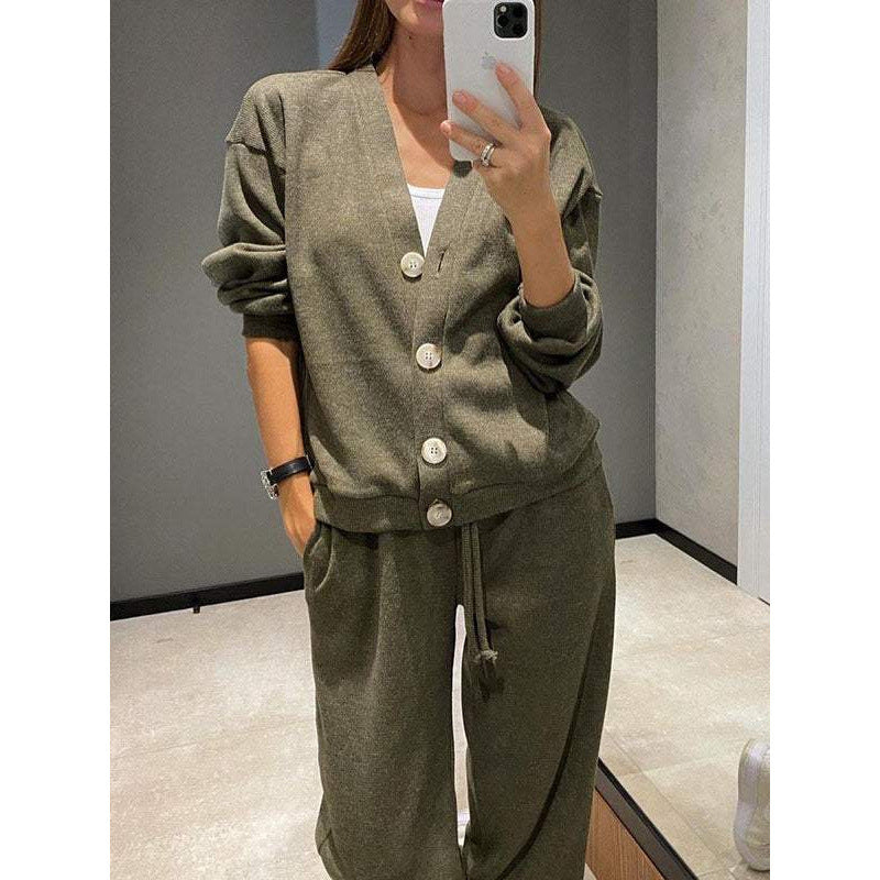 Damen Strick-Loungewear-Set mit V-Ausschnitt-Cardigan und weitem Kordelbund-Hose Nord Taschen