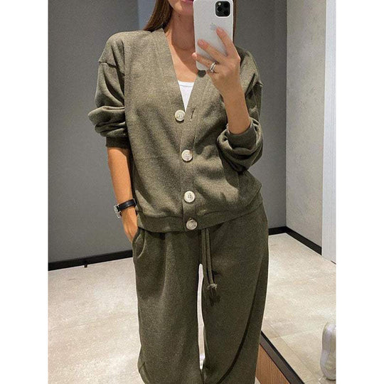 Damen Strick-Loungewear-Set mit V-Ausschnitt-Cardigan und weitem Kordelbund-Hose Nord Taschen