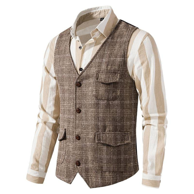 Herren kariertes Wollmix Gilet mit Brusttasche und aufgesetzten Seitentaschen Nord Taschen