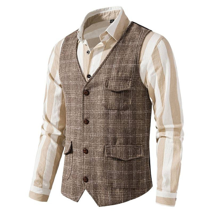Herren kariertes Wollmix Gilet mit Brusttasche und aufgesetzten Seitentaschen Nord Taschen