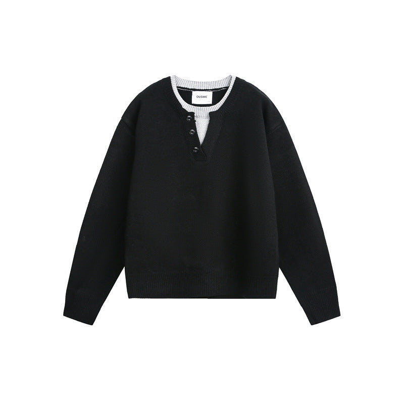Unisex Grobgestrickter Pullover mit V‑Knopfleiste und Lagenkragen Nord Taschen
