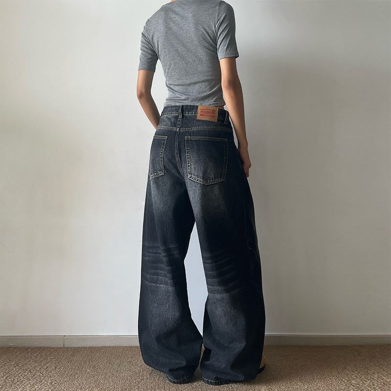 Damen Ultraweite Vintage-Denim Marlene-Jeans mit soften Used-Falten und bodenlangem Saum Nord Taschen