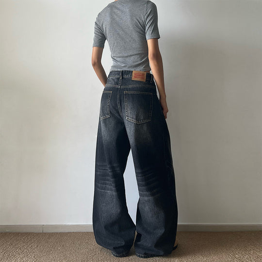 Damen Ultraweite Vintage-Denim Marlene-Jeans mit soften Used-Falten und bodenlangem Saum Nord Taschen