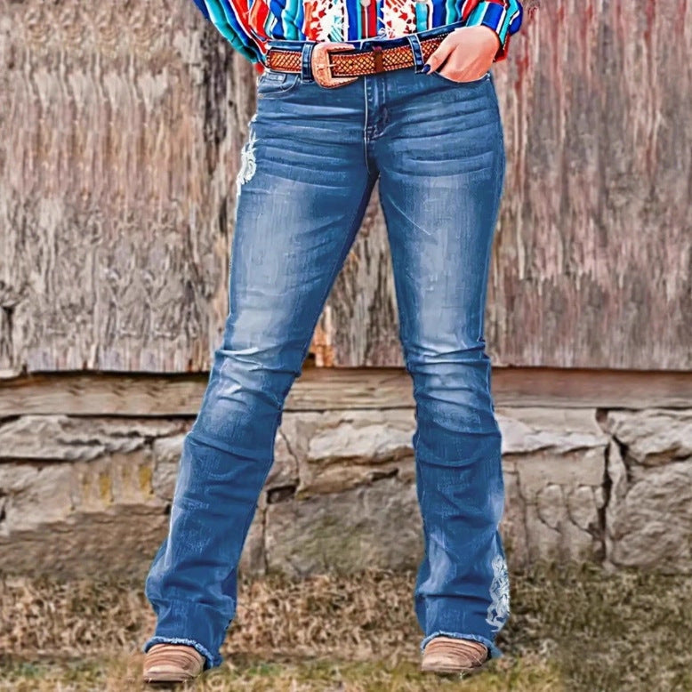 Damen Bootcut-Jeans im Western‑Stil mit dekorativer Stickerei und Used‑Effekt Nord Taschen