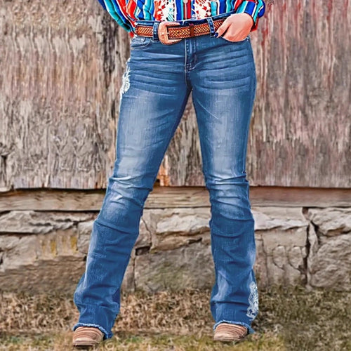 Damen Bootcut-Jeans im Western‑Stil mit dekorativer Stickerei und Used‑Effekt Nord Taschen