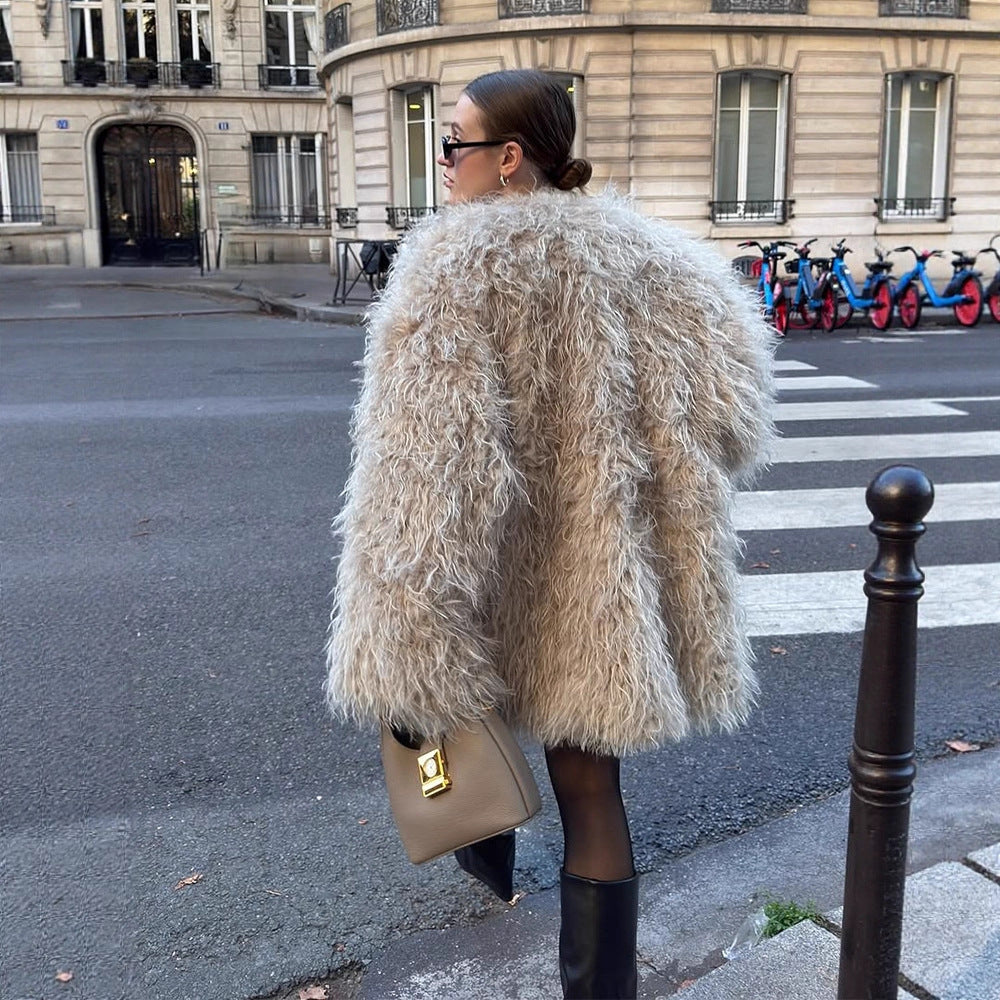 Damen Oversize lockiger Kunstpelz-Mantel im Shaggy‑Look Nord Taschen
