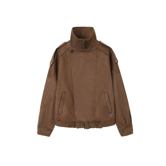 Damen Kurze Wildlederoptik Bomberjacke mit hohem Stehkragen, Schulterklappen und Taillengürtel Nord Taschen