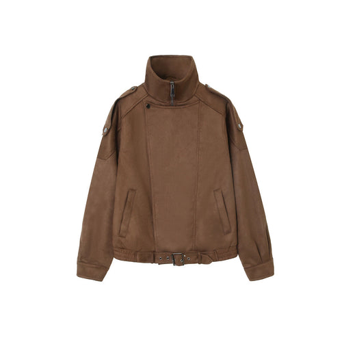 Damen Kurze Wildlederoptik Bomberjacke mit hohem Stehkragen, Schulterklappen und Taillengürtel Nord Taschen