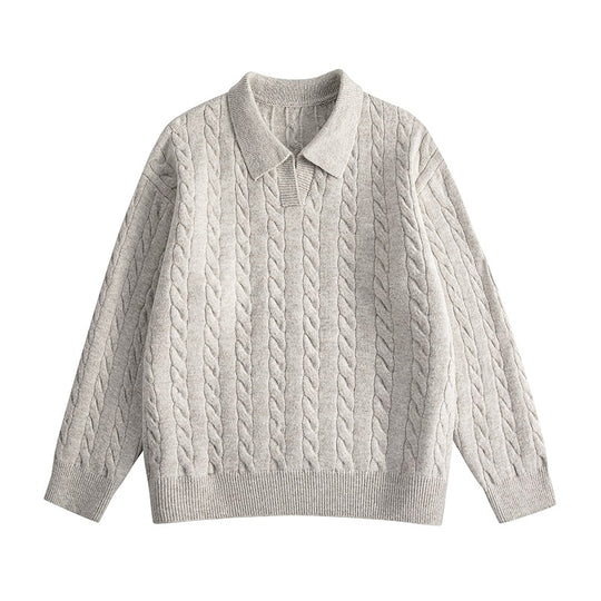Damen Oversize Kabelstrick-Polo-Pullover mit V‑Ausschnitt und geripptem Saum Nord Taschen