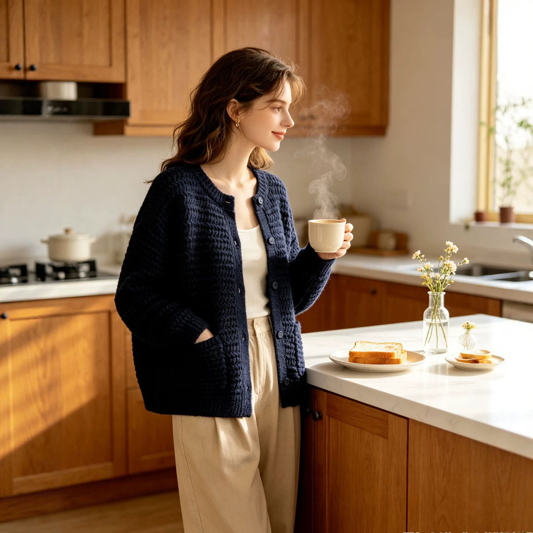 Damen Grobgestrickter Oversize-Cardigan mit Knopfleiste und aufgesetzten Taschen Nord Taschen