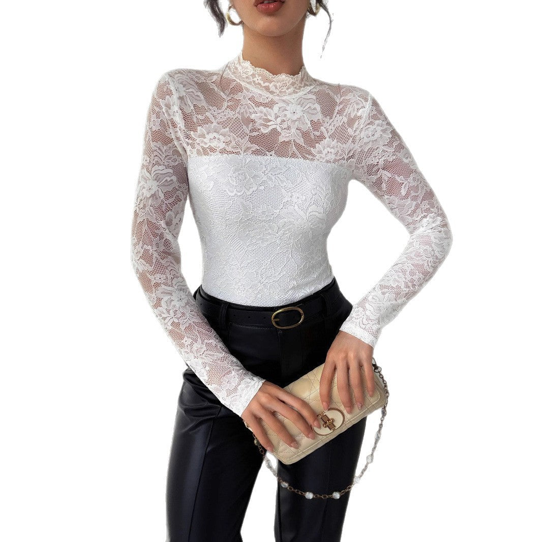 Damen Elegantes Spitzenoberteil mit hochgeschlossenem Kragen und langen Ärmeln