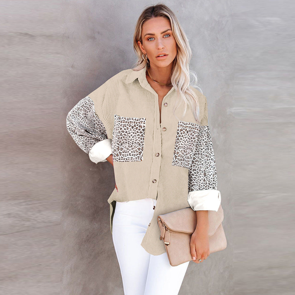 Damen Oversize-Hemdbluse mit Strukturstoff und Leo-Print Einsätzen Nord Taschen