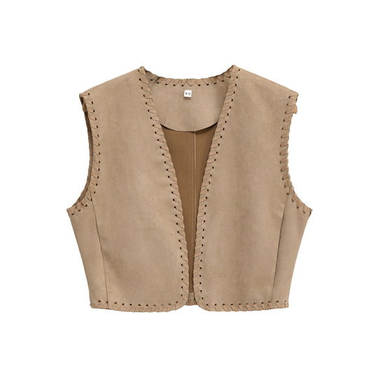 Damen Kurze Wildlederoptik‑Weste mit Ziernaht‑Whipstitch und taillierten Abnähern Nord Taschen