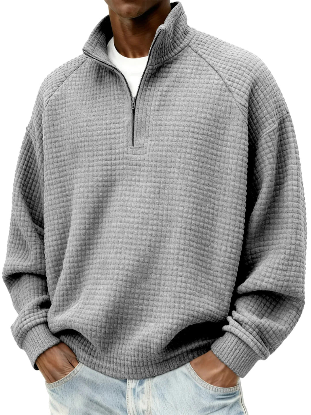 Herren Waffelstrick-Oversize-Pullover mit Halbreißverschluss und Stehkragen Nord Taschen