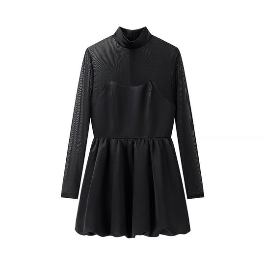 Damen kurzes Mesh-Overlay-Skaterkleid mit Stehkragen und taillierter Korsage Nord Taschen