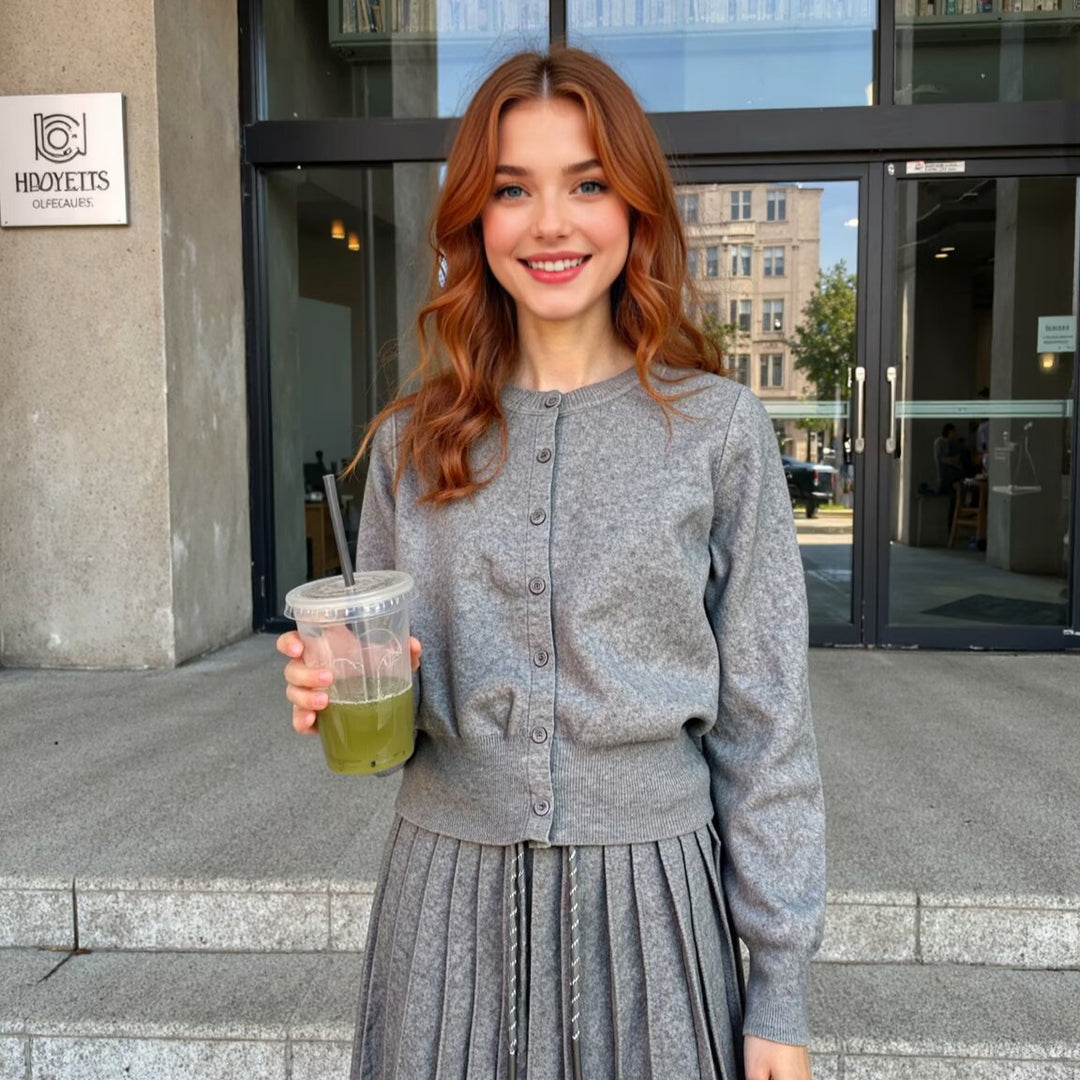 Damen Zweiteiliges Feinstrick-Set mit Knopfcardigan und plissiertem Minirock Nord Taschen