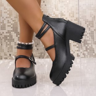 Damen Blockabsatz-Schnürschuhe mit modischem Riemendesign und rutschfester Sohle