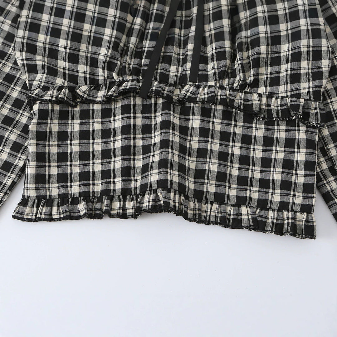 Damen Schulterfreies Karo-Cropped-Top mit Spitzenbesatz, geraffter Taille und Bindebändern Nord Taschen