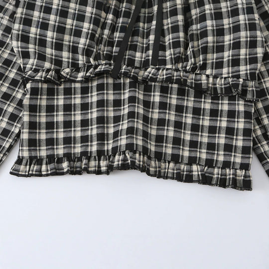 Damen Schulterfreies Karo-Cropped-Top mit Spitzenbesatz, geraffter Taille und Bindebändern Nord Taschen
