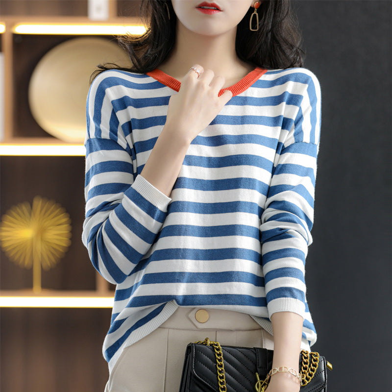 Damen Maritim-inspiriertes gestreiftes Feinstrick-Shirt mit weitem Boot-Ausschnitt und Kontrastkante Nord Taschen