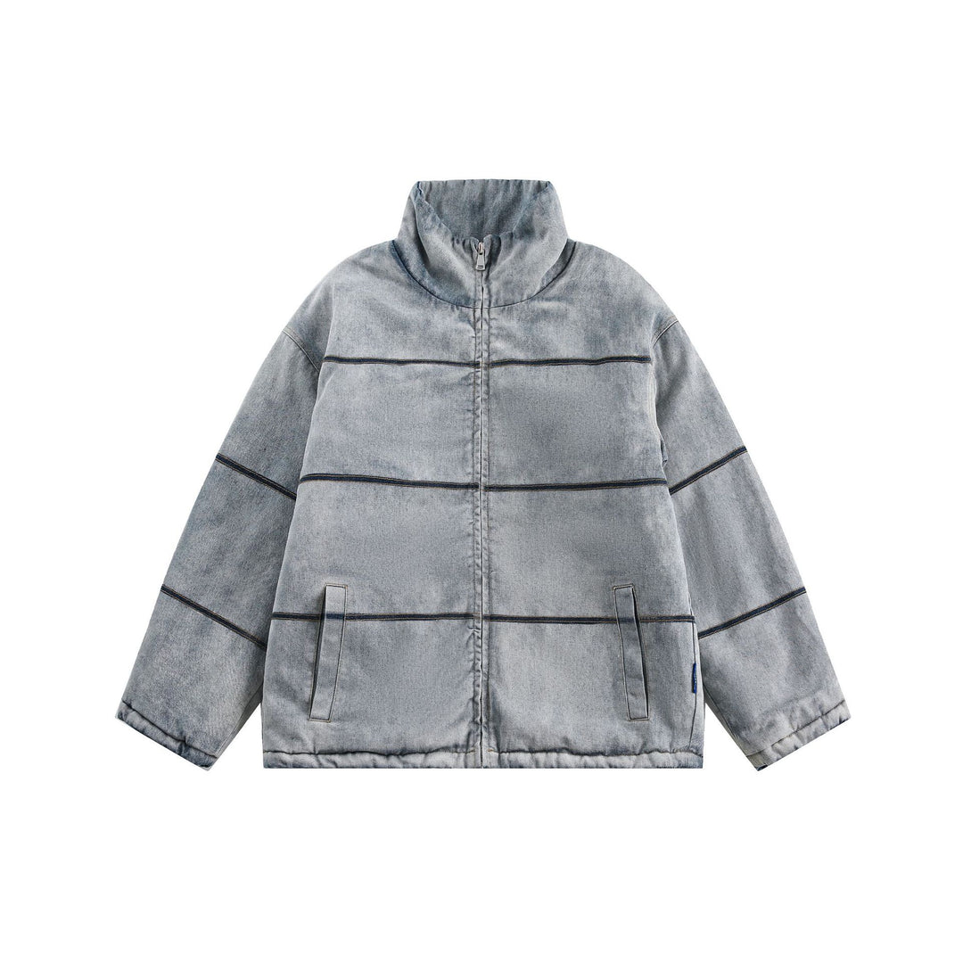 Unisex Boxy wattierte Denim-Optik Übergangsjacke mit hohem Stehkragen Nord Taschen