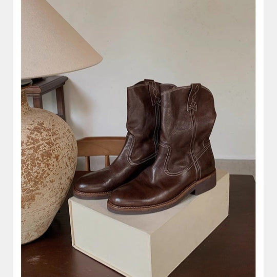 Damen Mid‑Calf Slouch Western‑Stiefel aus Glattleder mit Zuglaschen und profilierter Laufsohle Nord Taschen