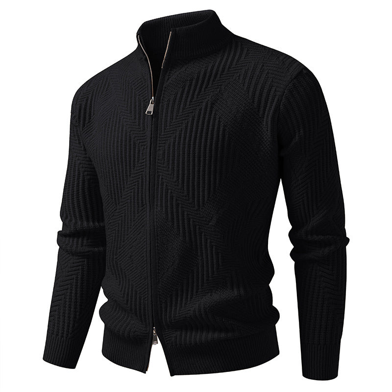 Herren Reißverschluss-Cardigan mit geometrischem Fischgrätstrick und Stehkragen Nord Taschen