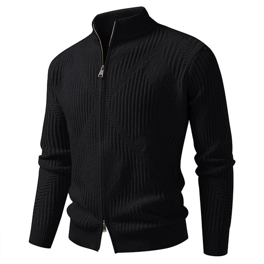 Herren Reißverschluss-Cardigan mit geometrischem Fischgrätstrick und Stehkragen Nord Taschen