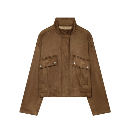 Damen Kurze Boxy‑Suede‑Jacke mit Stehkragen und aufgesetzten Pattentaschen Nord Taschen