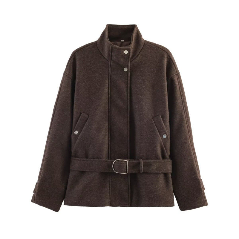Damen Taillierter Wollmix-Kurzmantel mit Stehkragen und Bindegürtel Nord Taschen
