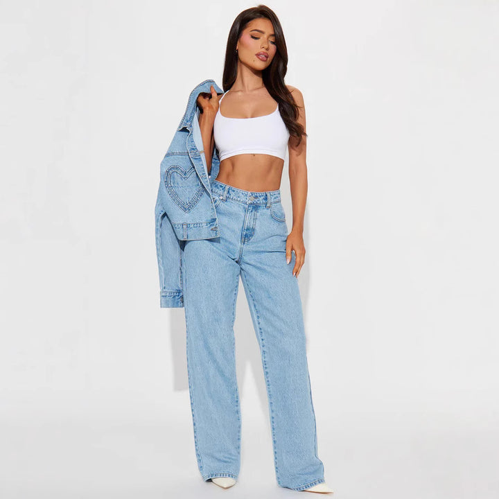 Damen hochgeschnittene Weitbein-Jeans mit taillierendem Bund, klassischem Five‑Pocket‑Schnitt und fließendem Bein Nord Taschen