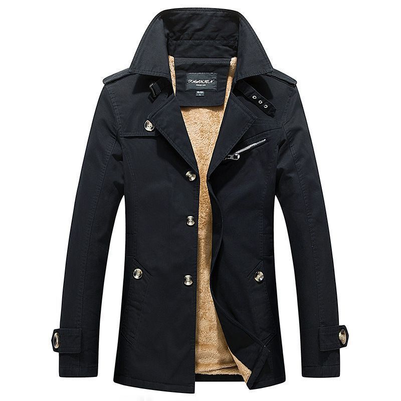 Herren mittellanger doppelreihiger Trenchcoat mit Teddyfutter und Stehkragen Nord Taschen