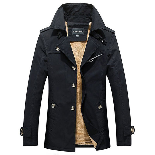 Herren mittellanger doppelreihiger Trenchcoat mit Teddyfutter und Stehkragen Nord Taschen